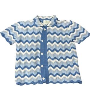 YITAI Azure Ocean Wave Shale Stitch Knit Top – 100% Cotton, Size Small